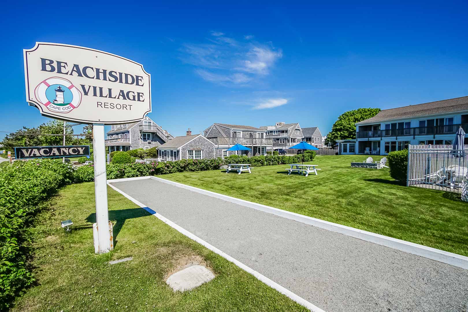 An inviting resort entrance at VRI's Beachside Village Resort in Massachusetts.